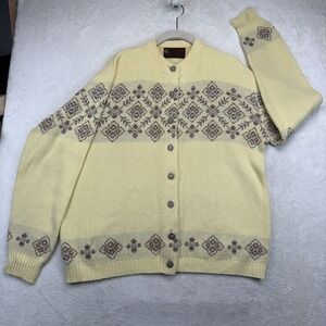 Vintage 60s Womens Yellow Patterned Cardigan Sweater Jersild XL Made USA